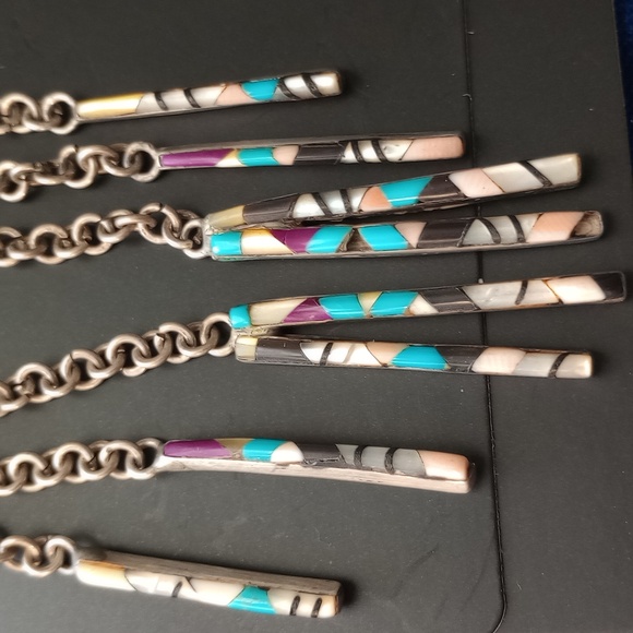 Native American Zuni Multi-stone Inlay Sterling Silver Dangle Stud Earrings - Picture 4 of 17